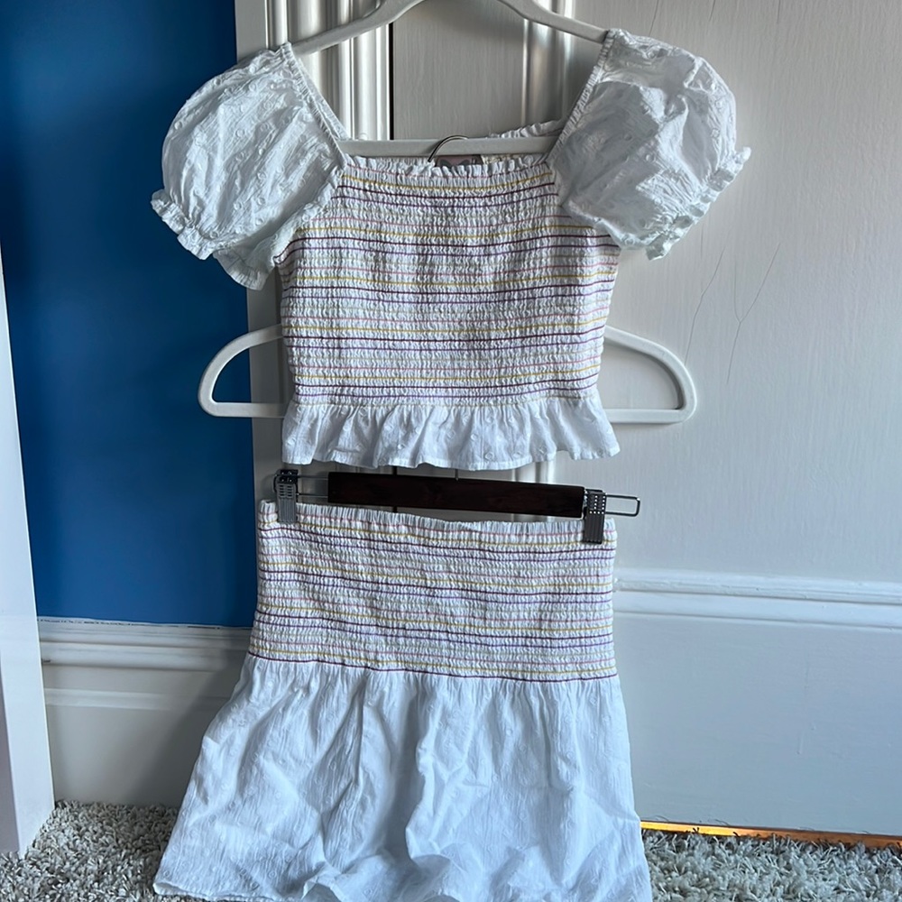 Girls Skirt Set, White with Multicolored Smocking and textured fabric